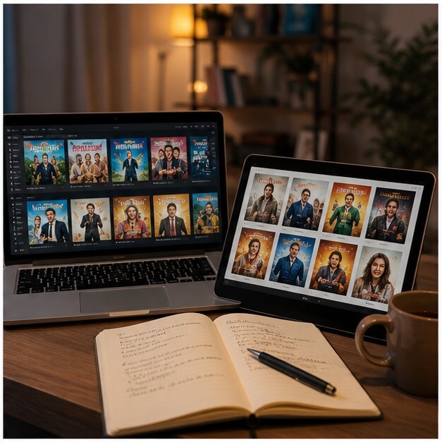 Tablet e laptop con watchlist di commedie e confronto tra piattaforme