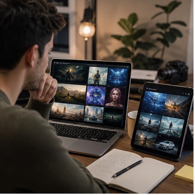 Creator che confronta vari siti AI video da browser in un workspace moderno