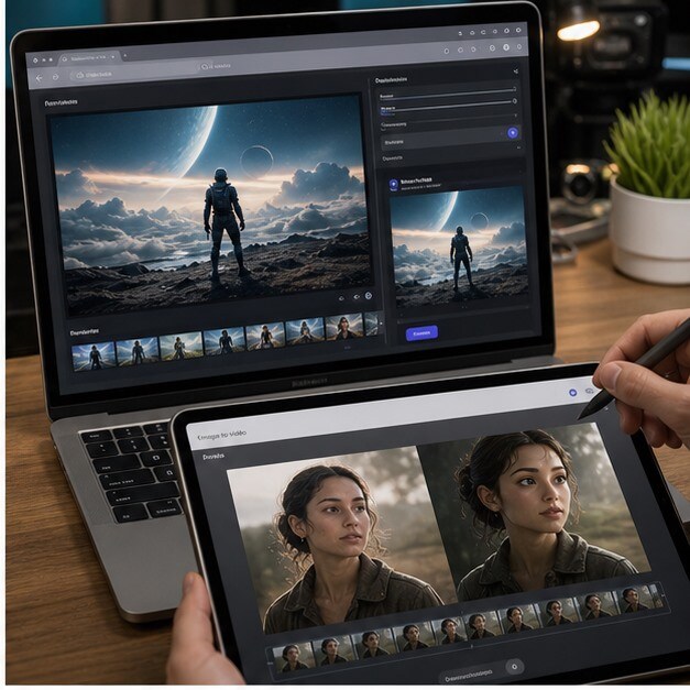 Confronto realistico tra prompt to video, image to video e browser editing su laptop