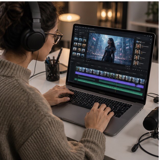 Montaggio browser-first con clip AI, sottotitoli e voiceover per video social e marketing