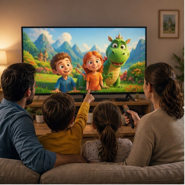 Famiglia che sceglie cartoni animati su smart TV in un salotto luminoso