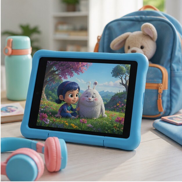 Tablet per bambini con interfaccia di animazione e cuffie da viaggio