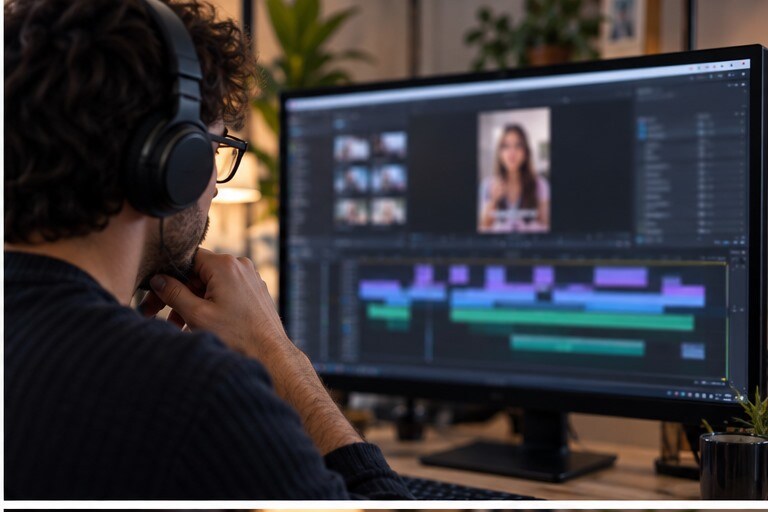Editor che controlla caption e ritmo di un video TikTok verticale