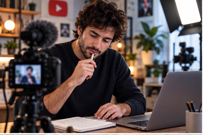 YouTuber italiano che prepara script camera e microfono in uno studio