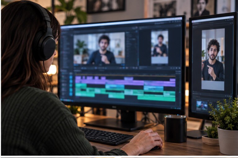 Editor che lavora su video lungo e Shorts nella stessa timeline