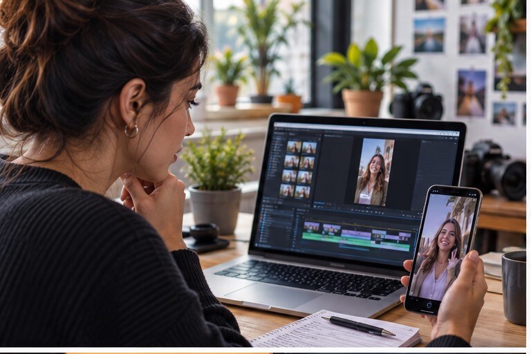 Social media manager italiano che prepara un Instagram Reel su laptop e smartphone