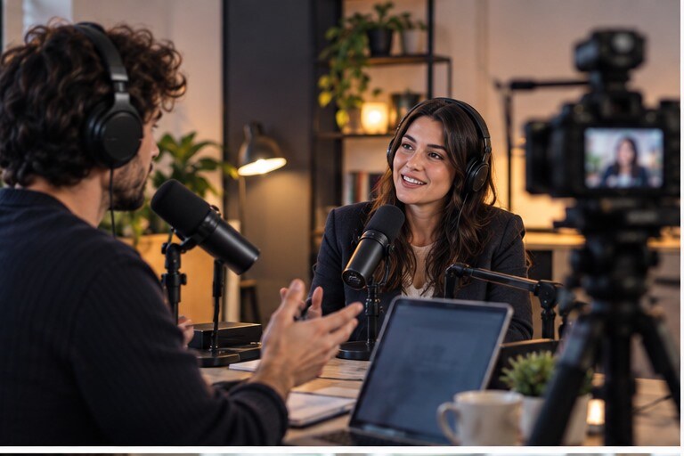 Podcaster italiano che registra un'intervista video con microfoni e camere