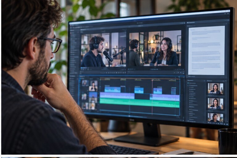 Editor che lavora su transcript e pi霉 inquadrature di un podcast video