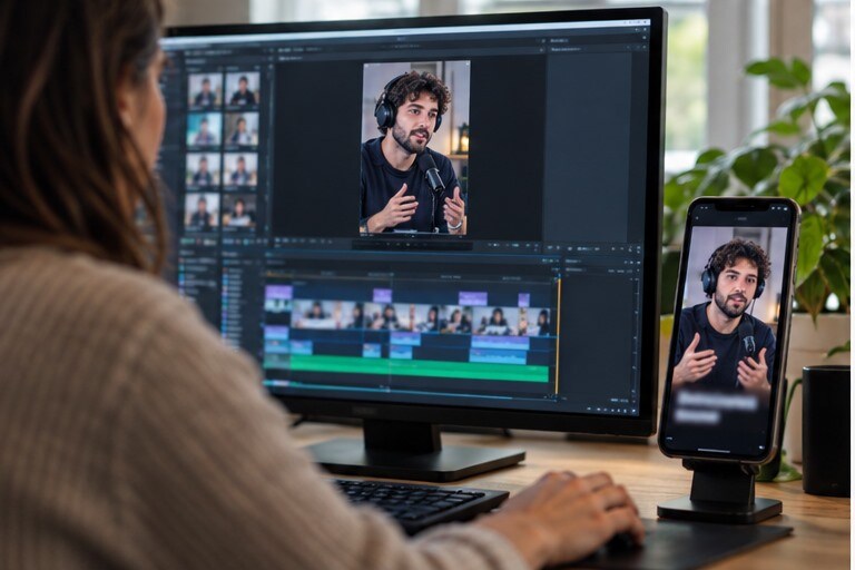 Podcast lungo trasformato in clip verticale con caption per social