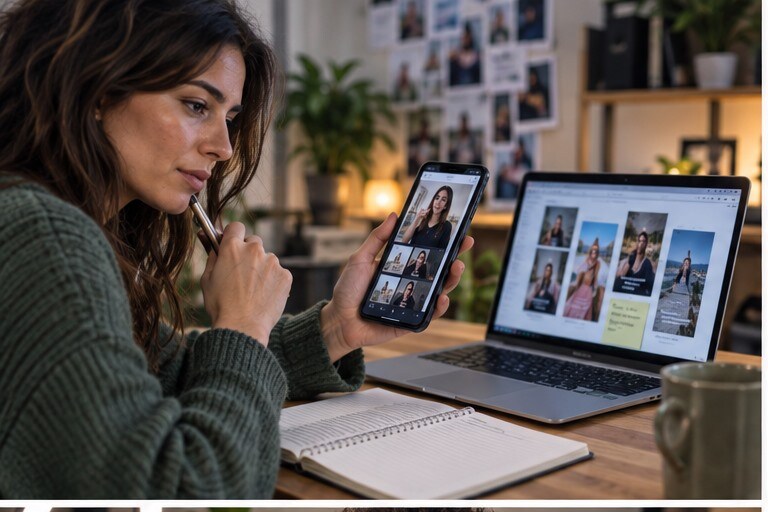 Creator italiano che prepara un video TikTok verticale con smartphone e laptop