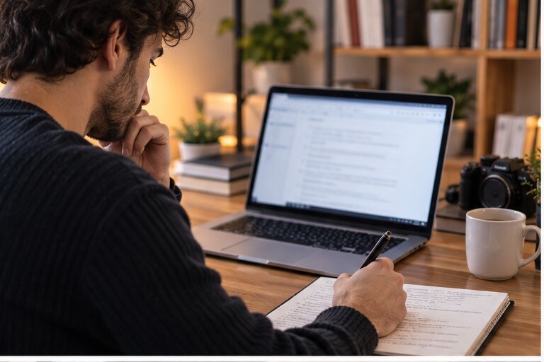 Creator italiano che prepara uno script per un video faceless su laptop