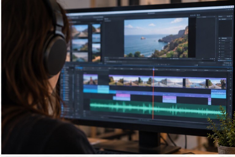 Timeline con voiceover AI, B-roll e sottotitoli durante il montaggio