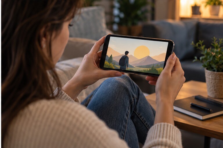 Creator che controlla un video faceless finito su smartphone prima dell'upload