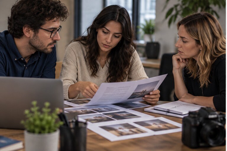 Team che controlla licenze e condizioni di un video per cliente