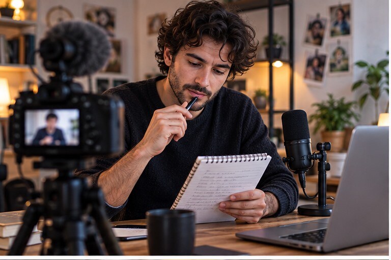 YouTuber italiano che lavora a script, registrazione e montaggio in uno studio