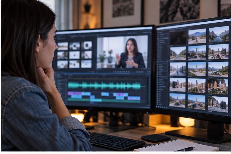 Creator che confronta storyboard, voiceover e clip video su più monitor