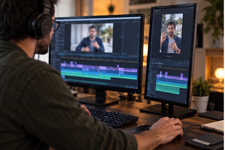 Editor che prepara un video YouTube lungo e alcune versioni Shorts nella timeline