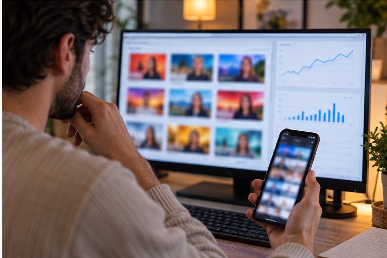 Creator che controlla miniature, analytics e smartphone con video pubblicati