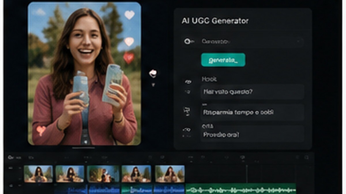 AI UGC ad generator con creator virtuale e script pubblicitario