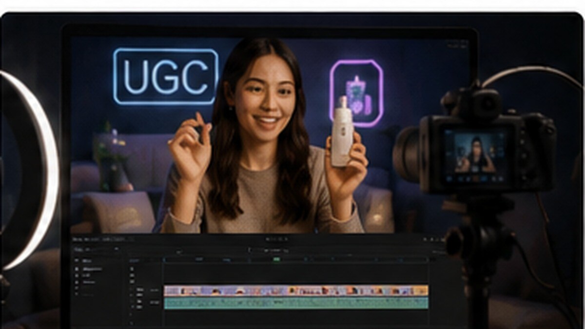 Creator UGC con ring light, prodotto e video editor AI