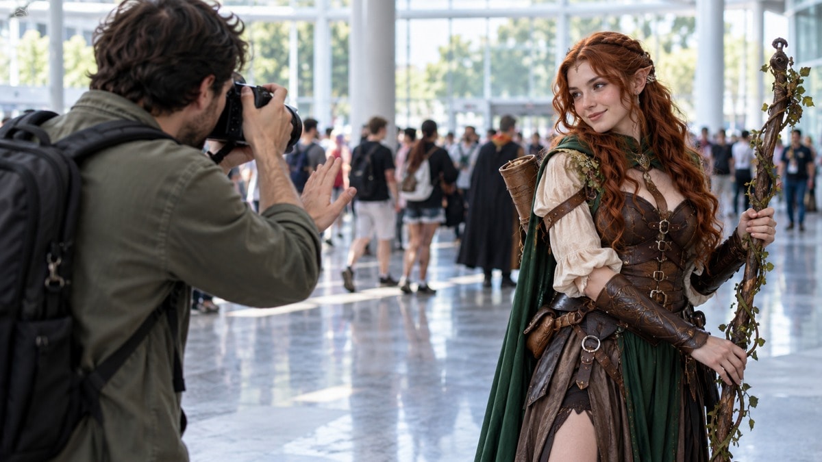 Cosplayer originale e fotografo che concordano una fotografia