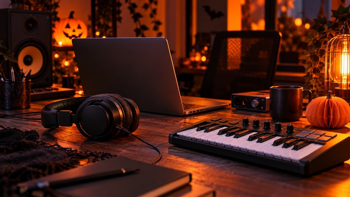 Postazione per scegliere musica e audio per un video di Halloween