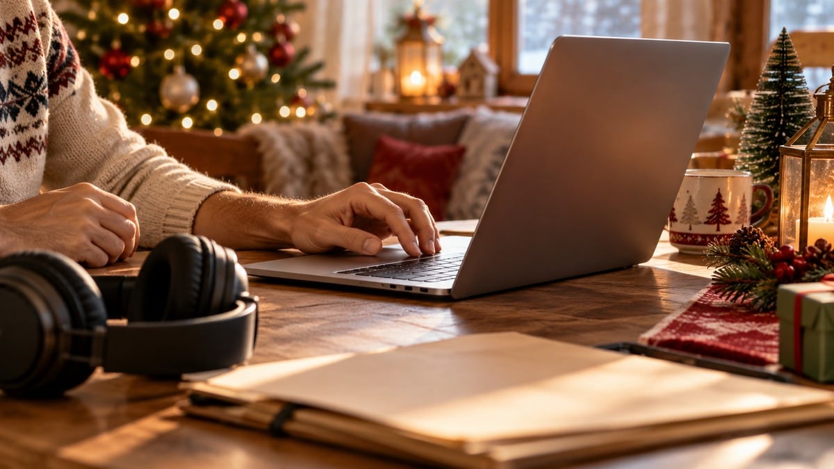 Scelta della musica con cuffie e documenti del progetto