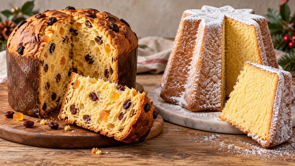 Panettone con uvetta e canditi accanto a un pandoro a stella, entrambi tagliati