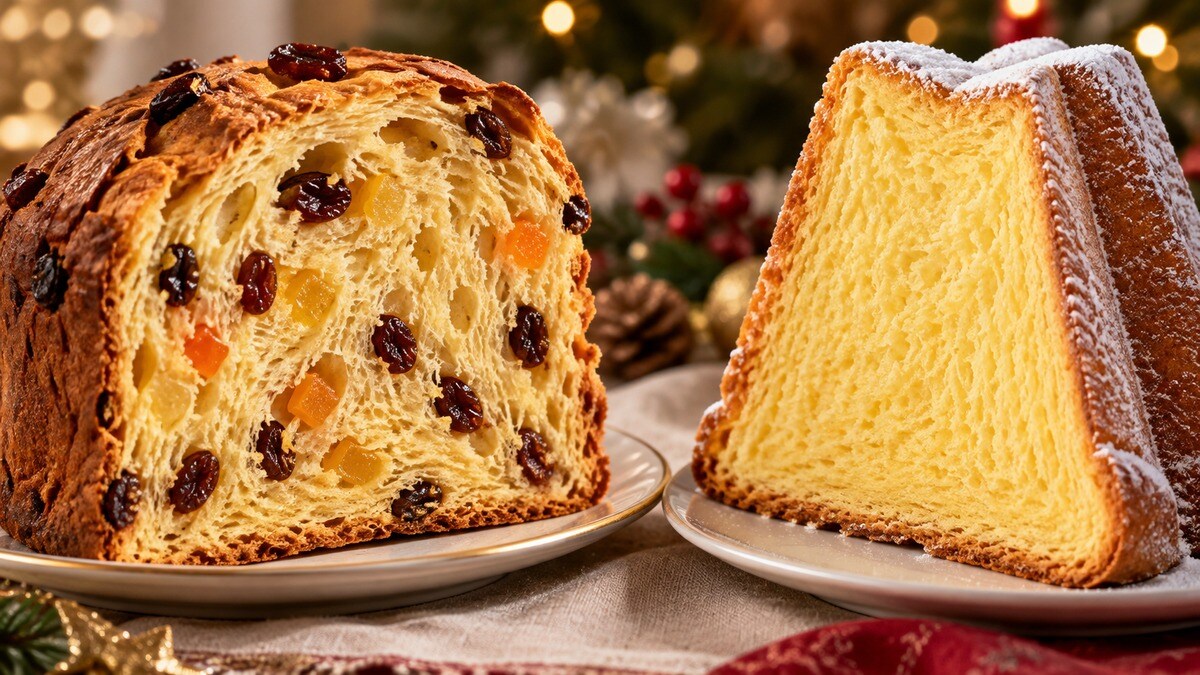 Due fette a confronto: panettone con frutta e pandoro dalla mollica uniforme