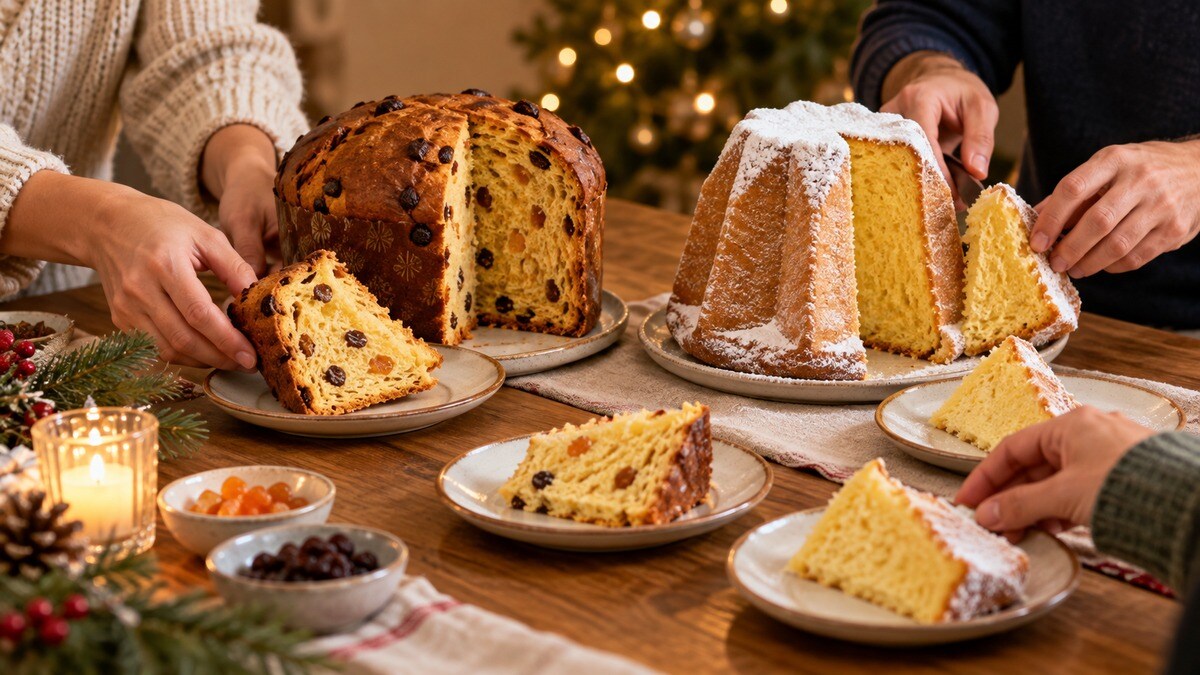 Mani di amici che preparano piccoli assaggi di panettone e pandoro su piatti separati