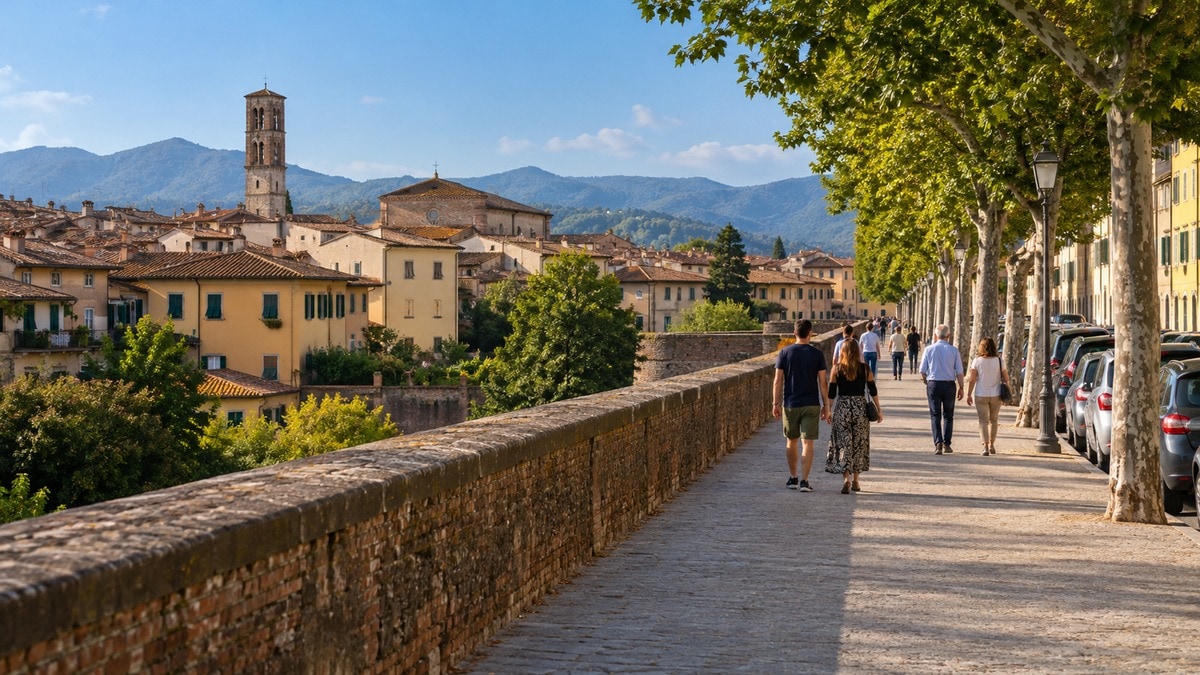 Visitatori camminano su un percorso pedonale in una città murata italiana immaginaria
