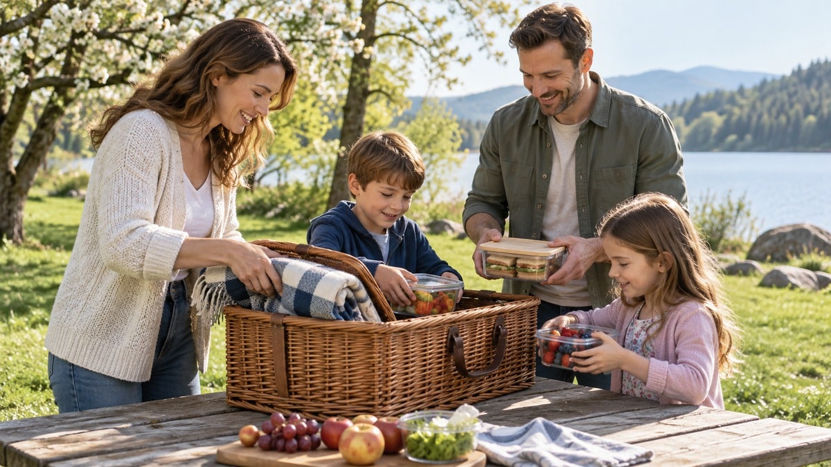 Preparazione di un cestino da picnic con coperta e contenitori per il pranzo
