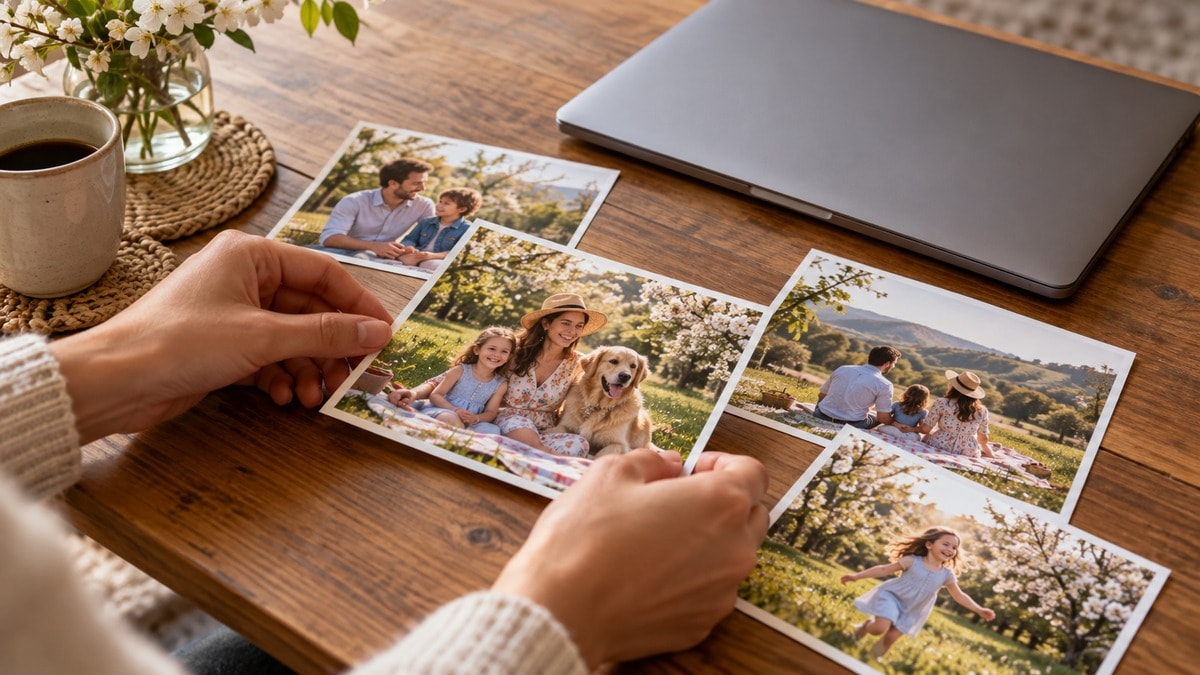 Fotografie di una gita primaverile disposte vicino a un computer chiuso