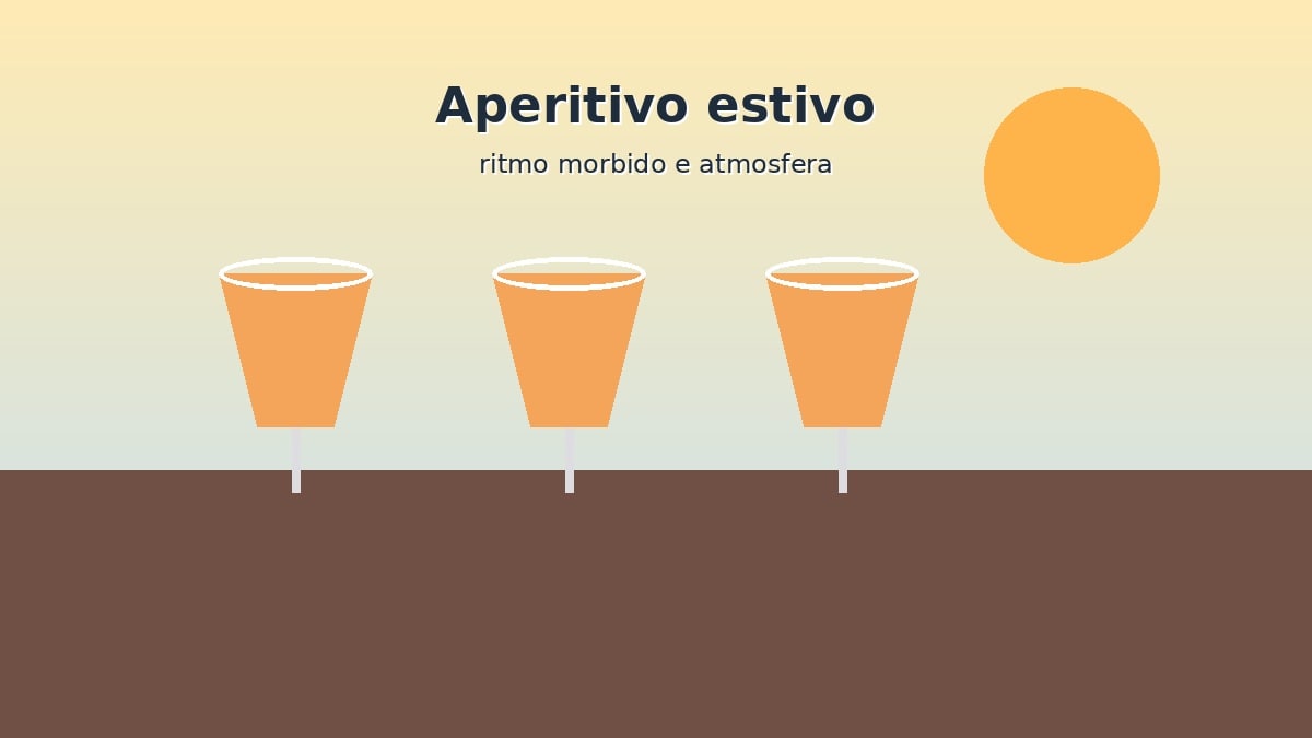 Bicchieri da aperitivo estivo con tramonto e musica
