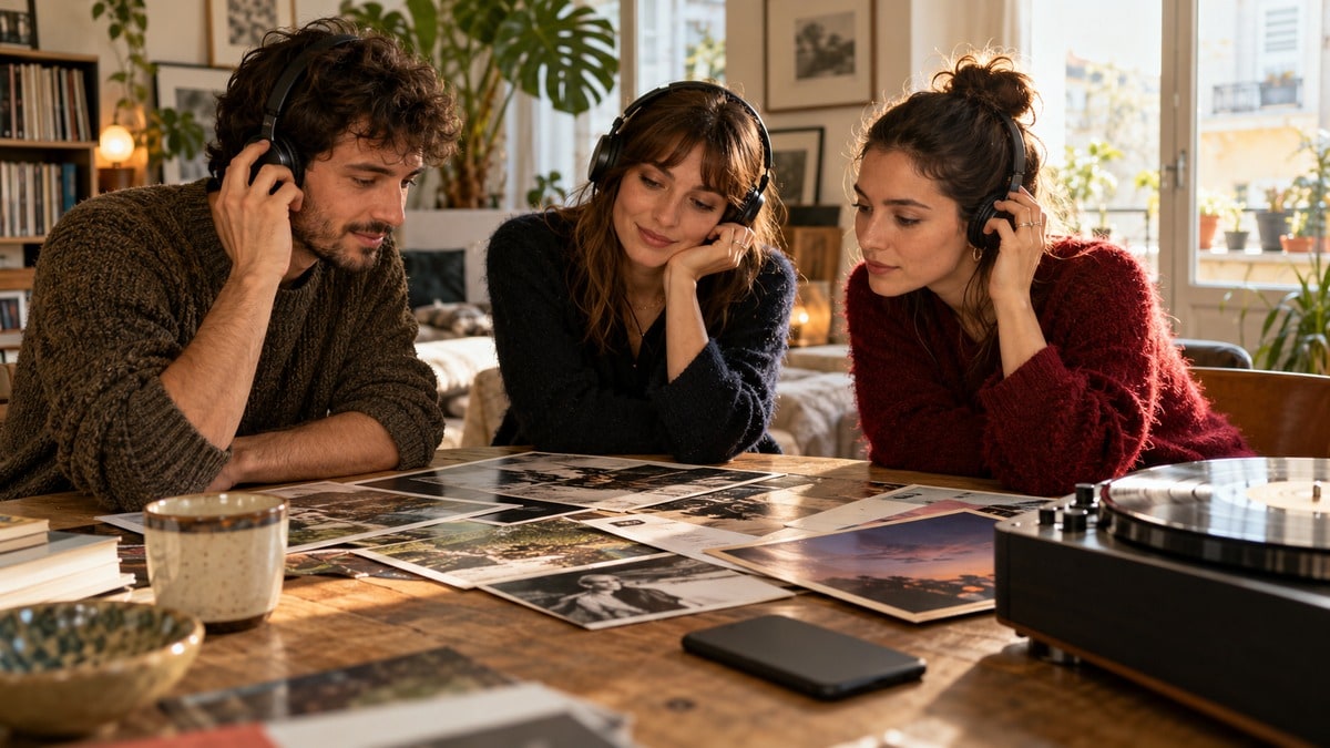 Amici che scelgono musica e ricordi attorno a un tavolo