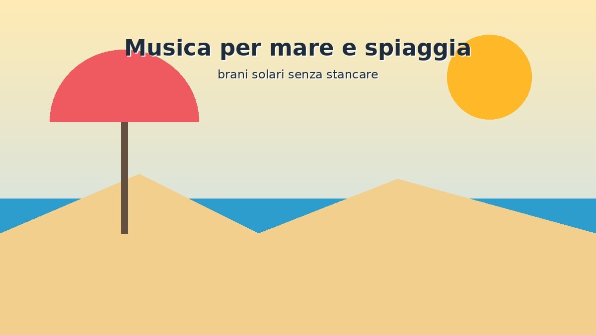 Spiaggia illustrata con ombrellone, mare e sole per una playlist estiva