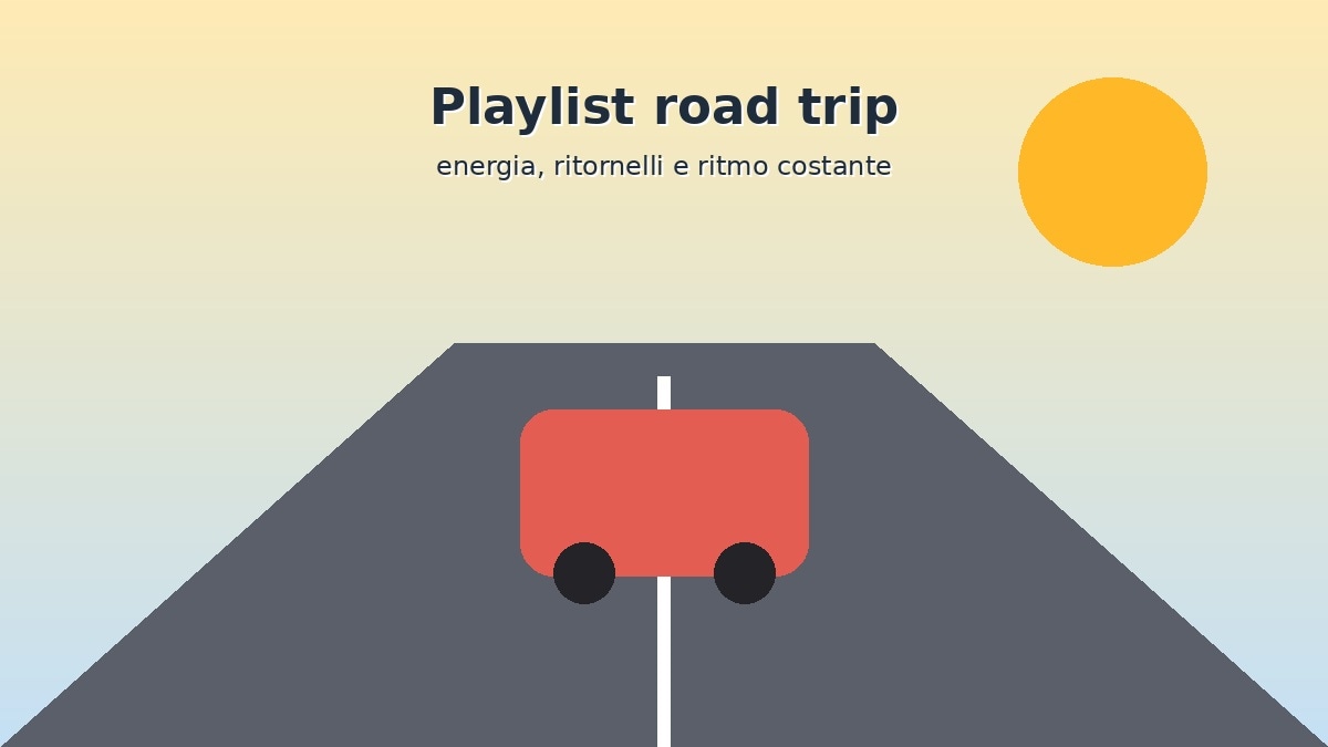 Illustrazione di auto su strada estiva per una playlist road trip