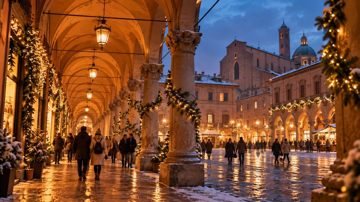 Interpretazione di portici bolognesi con luci invernali