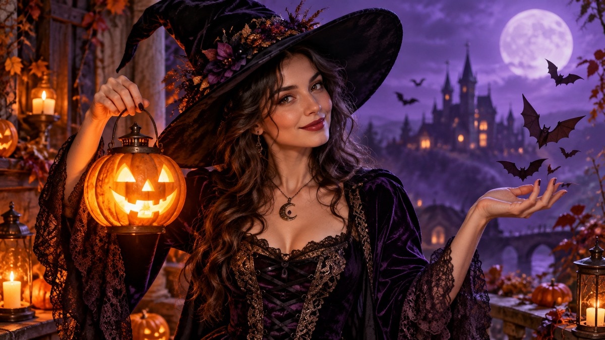 Ritratto originale di Halloween con costume da strega e luce di zucca