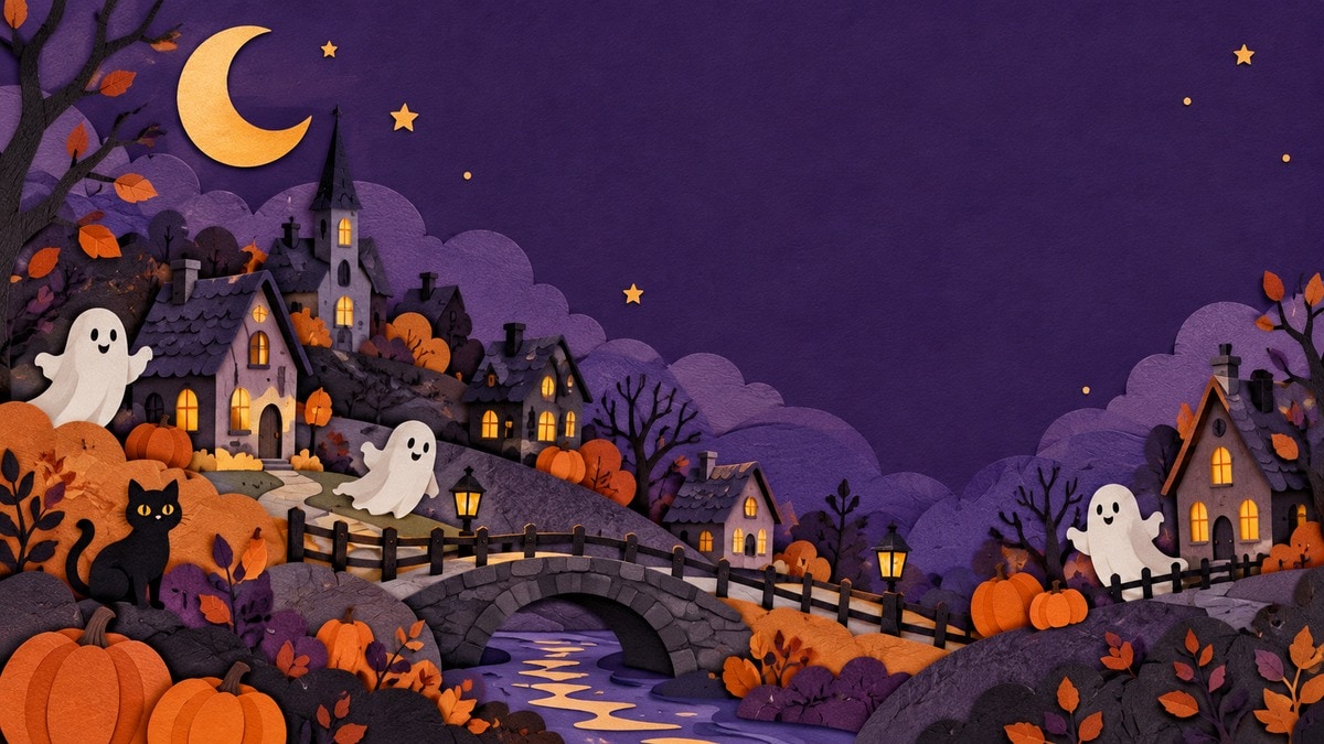 Villaggio di Halloween in carta ritagliata con fantasmini e zucche