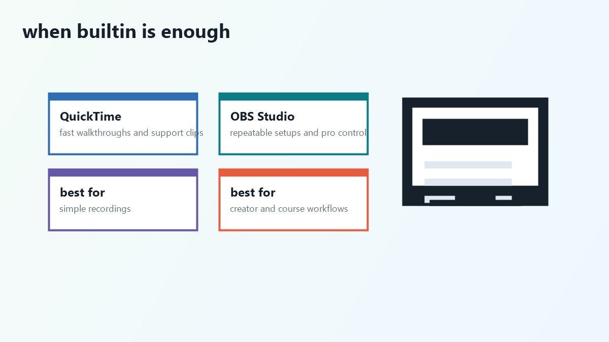 Schede di QuickTime Player, OBS Studio e Filmora per un workflow Mac