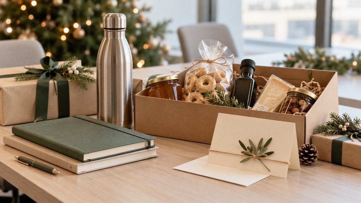 Idee di regali aziendali natalizi con quaderno, borraccia e confezione essenziale