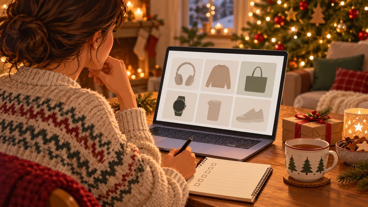 Persona che confronta idee regalo su un computer con un taccuino accanto