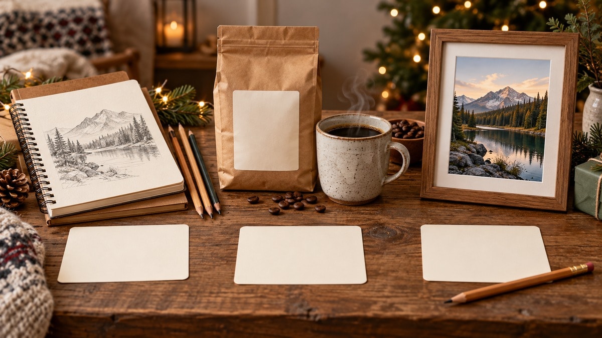 Tre idee regalo diverse con quaderno da disegno, caffè e fotografia incorniciata