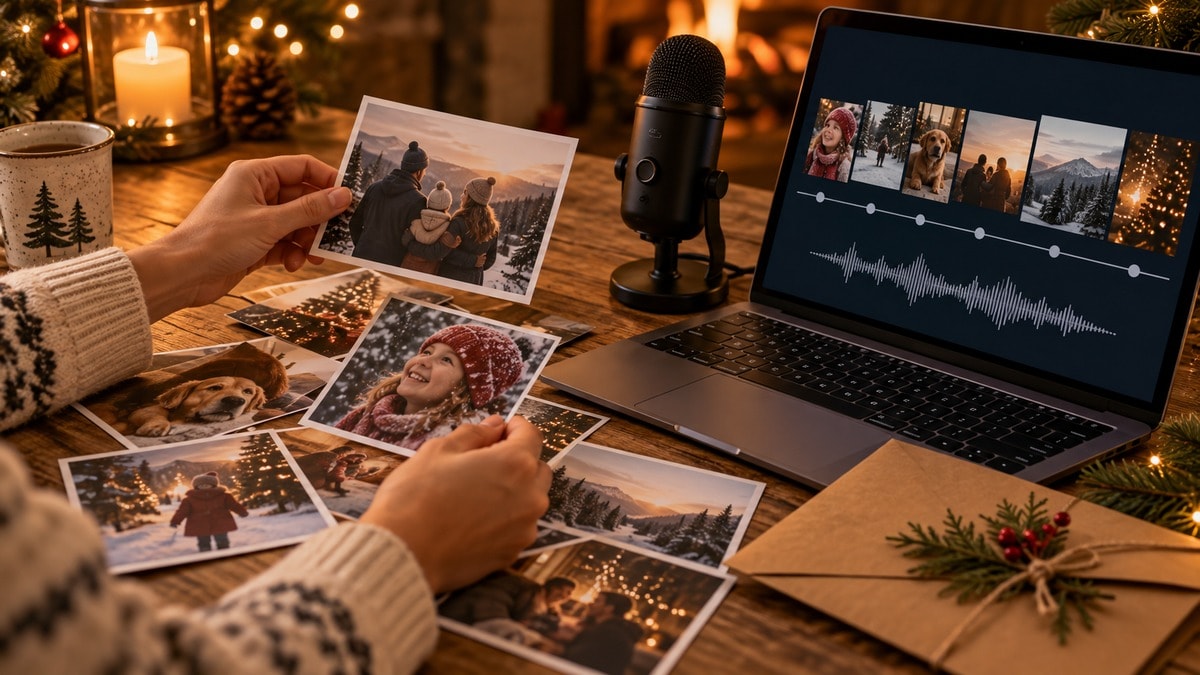Fotografie di famiglia, microfono e computer per preparare un regalo video