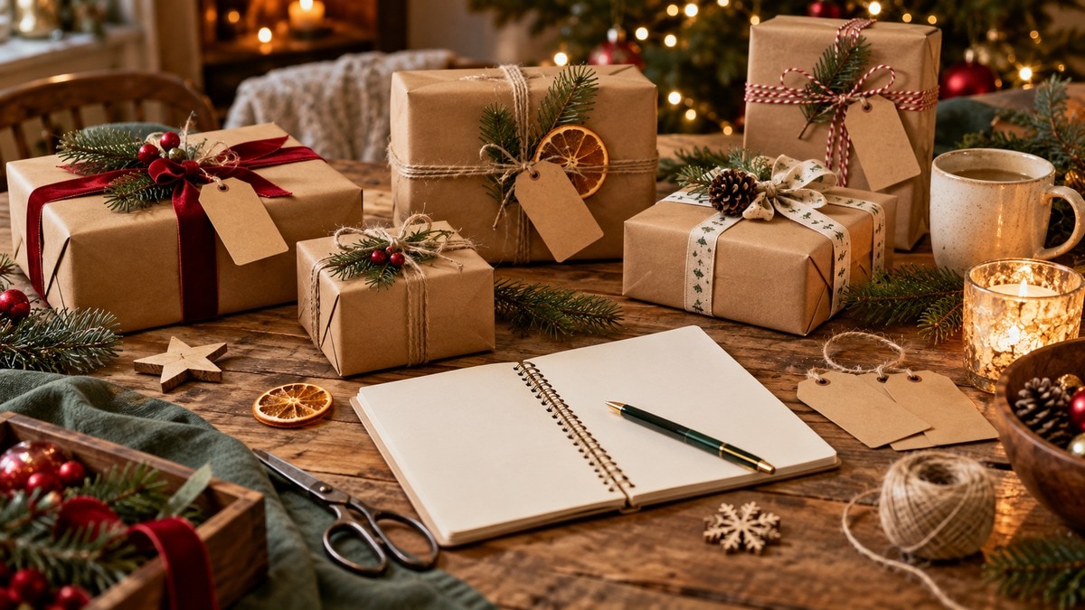 Tavolo con pacchetti e lista per pianificare i regali di Natale