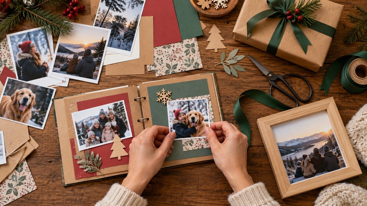 Mani che preparano un piccolo album fotografico con carta e ricordi stampati