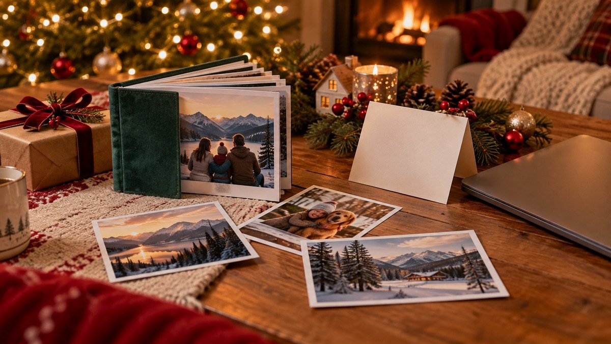 Album fotografico, busta e computer chiuso per un regalo digitale personale