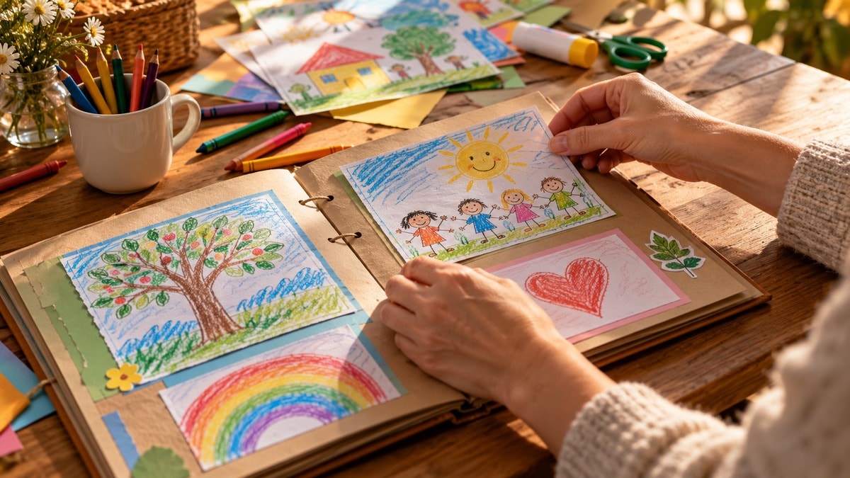 Mani adulte che raccolgono disegni in un semplice album di classe