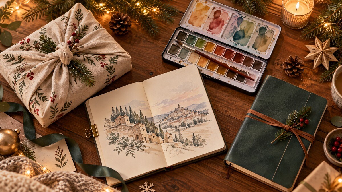 Materiali creativi e diario con confezioni natalizie riutilizzabili